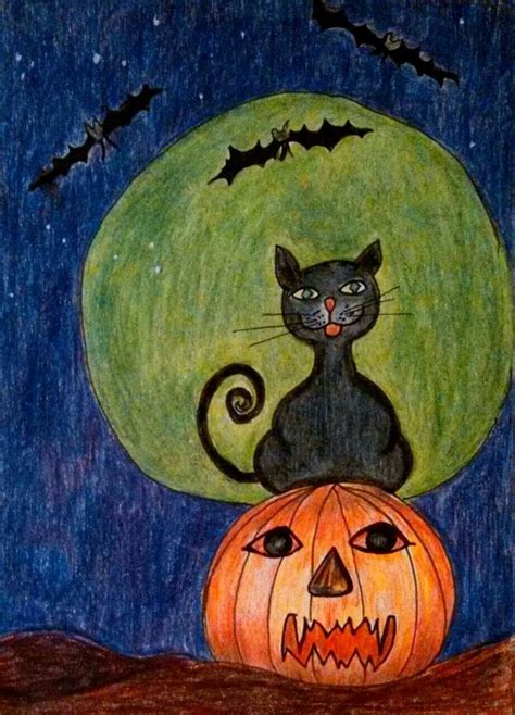 Halloween colored pencil cat art drawing by Lynne Howard Tri-tone colored pencil | Cats art ...