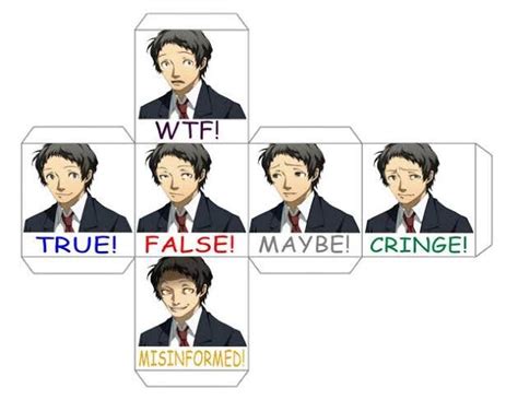 Cube net with various photos of tohru adachi from persona 4 and text ...