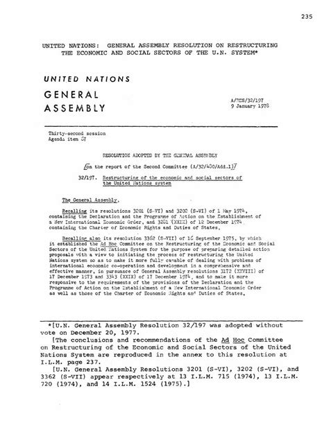 United Nations: General Assembly Resolution on Restructuring the ...