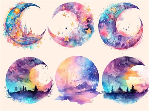 Dreamy Moons Watercolor Clipart Bundle 40 PNG Images of - Etsy