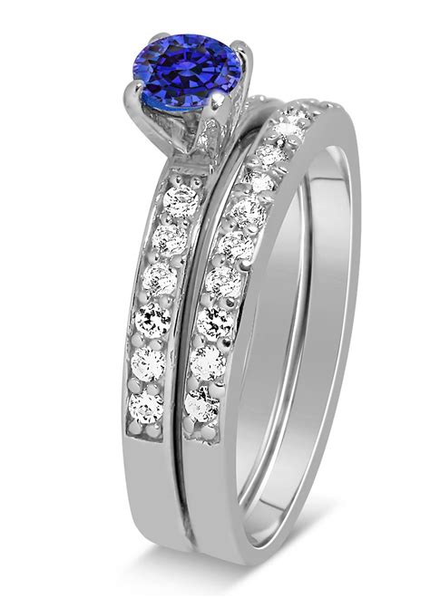 1.50 Carat Vintage Round cut Blue Sapphire and Diamond Wedding Ring Set in White Gold - JeenJewels