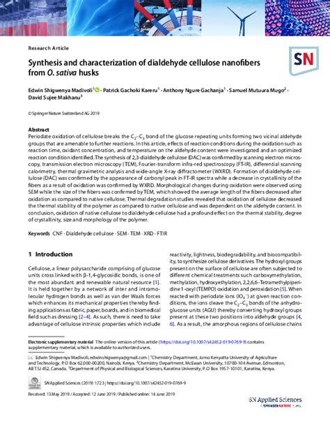 (PDF) Synthesis and characterization of dialdehyde cellulose nanofibers from O. sativa husks ...