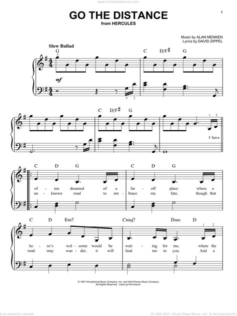 Bolton - Go The Distance, (easy) sheet music for piano solo [PDF]