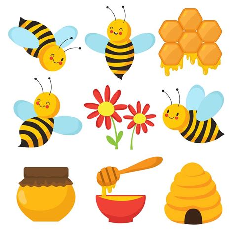 Cartoon bee. Cute bees, flowers and honey. Isolated vector characters By Microvector | TheHungryJPEG