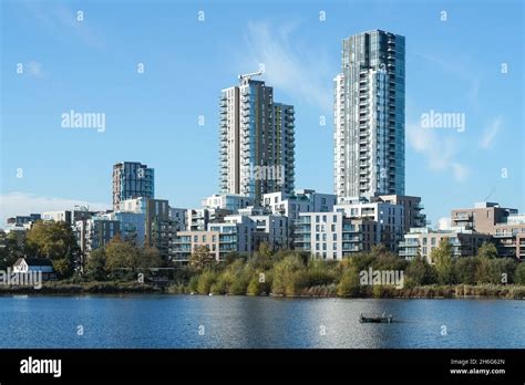 Woodberry Down modern residential buildings and Woodberry Wetlands nature reserve in London ...