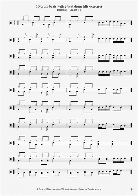 10 beginners drum beats with 2 beat drum fills exercises - PDF Download | Drums beats, Drum ...