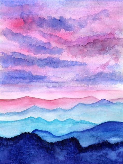 Pink Sunset Mountains Lanscape Watercolor Stock Illustration - Illustration of silhouette ...