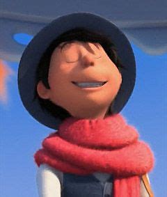 a cartoon character wearing a red scarf and black hat with his eyes ...