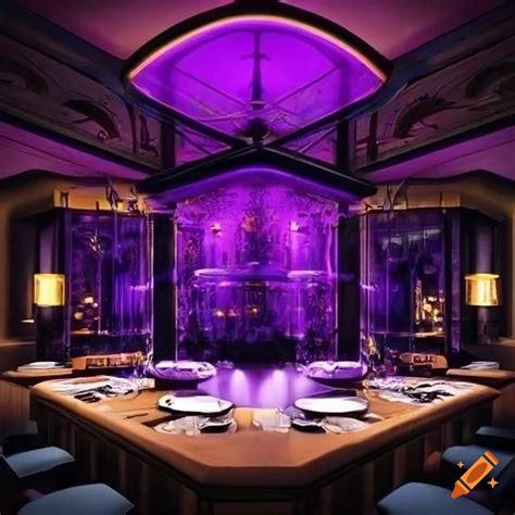 Fine-dining restaurant area, dark ambient, elegant design, purple lights, yellow warm light ...
