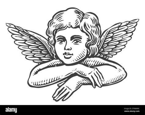 Little angel, vintage engraving style. Cute baby with wings, black and ...