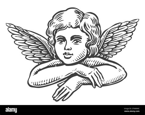 Little angel, vintage engraving style. Cute baby with wings, black and white vector illustration ...