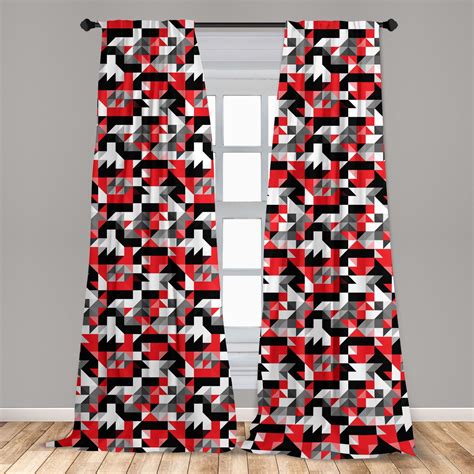Red and Black Curtains 2 Panels Set, Abstract Geometric Half Triangles Squares Maze Inspired ...