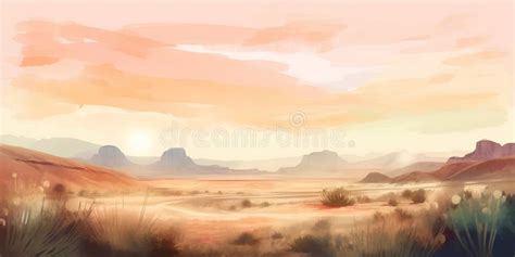 Desert Landscape at Sunset. Watercolor Hand Drawn Illustration Stock Illustration - Illustration ...