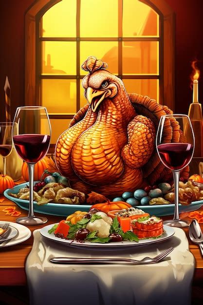 Premium AI Image | funny cartoon turkey thanksgiving dinner