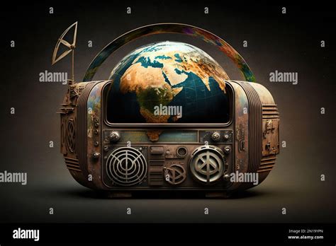 Vintage radio with planet earth. World radio day theme concept Stock Photo - Alamy