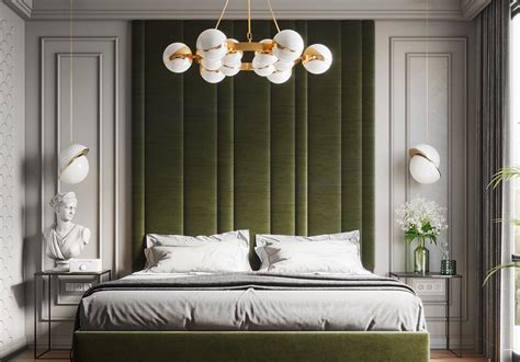 Luxury bedroom decor with extra tall headboard bed in olive green ...