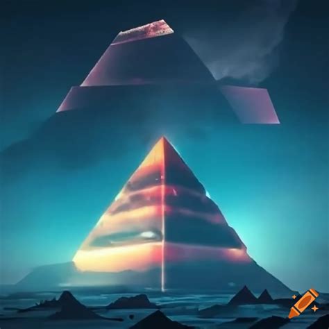 Futuristic pyramid flying in the sky on Craiyon