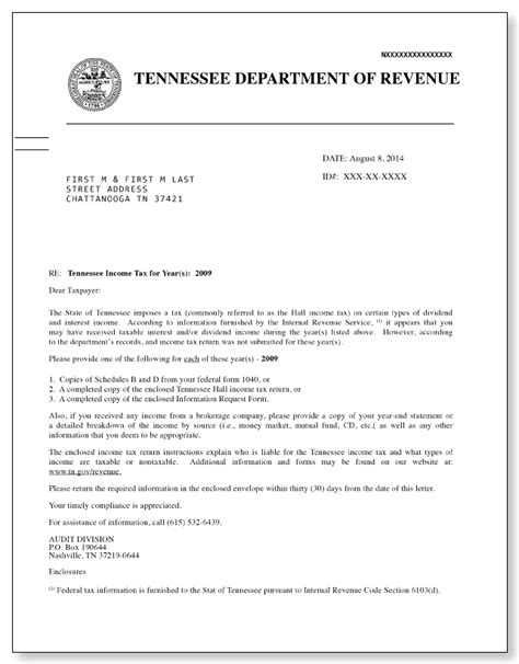 Tennessee Hall Income Tax Letter – Sample 1