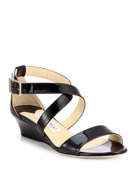 Jimmy Choo Chiara Patent Leather Wedge Sandals in Black | Lyst