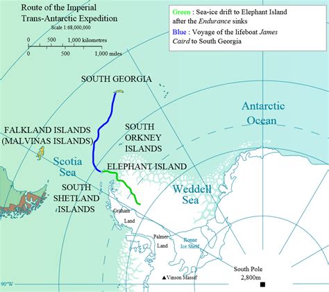 Sketch map indicating (in green and blue) the general route of the James Caird on the first (to ...