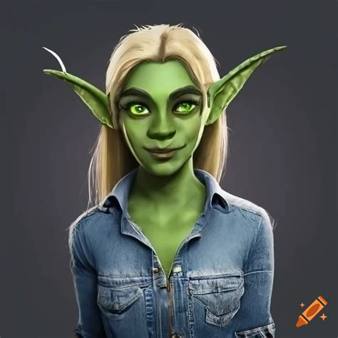 Realistic cute female goblin with dark green skin, long blonde hair, and green eyes on Craiyon