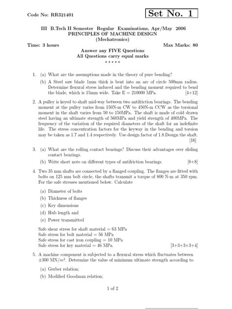 rr321401 Principles of Machine Design | PDF | Strength Of Materials | Gear