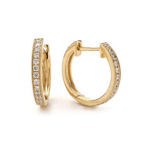 Small Milgrain Diamond Hoop Earrings in Yellow Gold | New York Jewelers Chicago