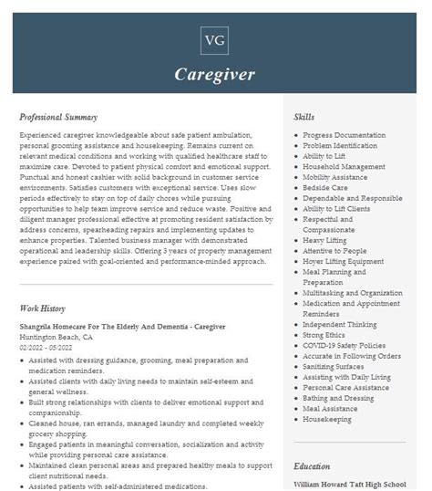 Elderly Caregiver And Property Caretaker Resume Example