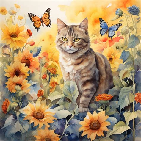 Sunflower Tabby Cat Art Print Free Stock Photo - Public Domain Pictures