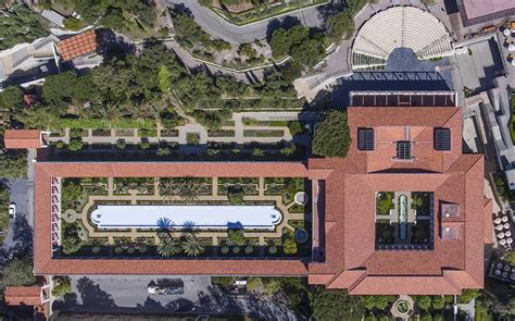 A bird's-eye view of the Getty Villa, showing the Outer Peristyle Garden at left extending from ...