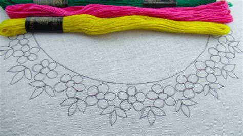 Wonderful hand embroidery floral neck design for beginner super easy neck embroidery design for ...