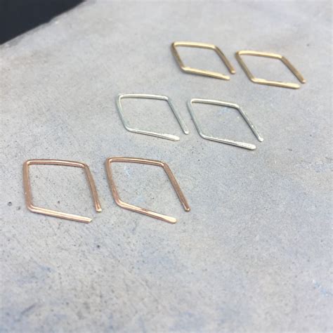 Minimalist Earrings, Minimal Earrings, Minimalist Hoops, Geometric Hoops, Diamond Shaped, Tiny ...