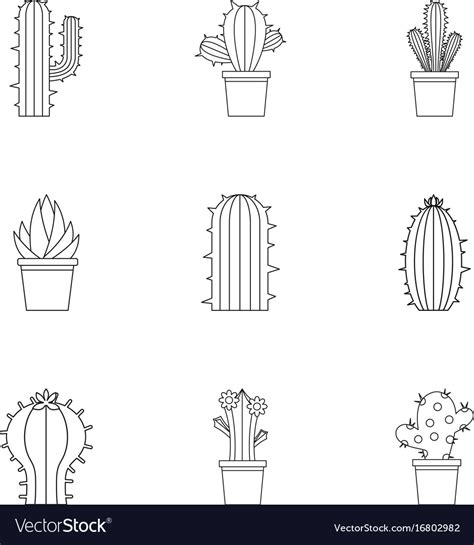 Cactus plant icon set outline style Royalty Free Vector