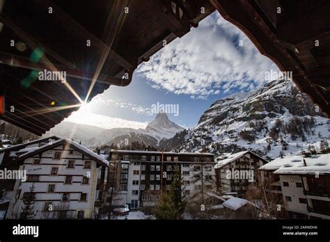 view of Matterhorn through hotel window in Zermatt Stock Photo - Alamy