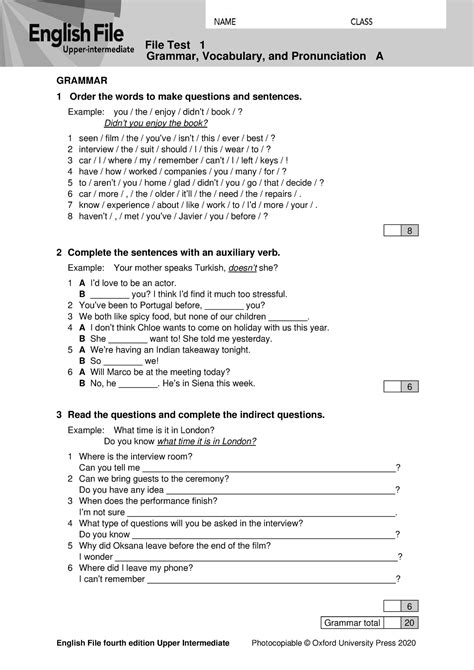 EF4e uppint filetest 1a-1 - Grammar, Vocabulary, and Pronunciation A GRAMMAR 1 Order the words ...