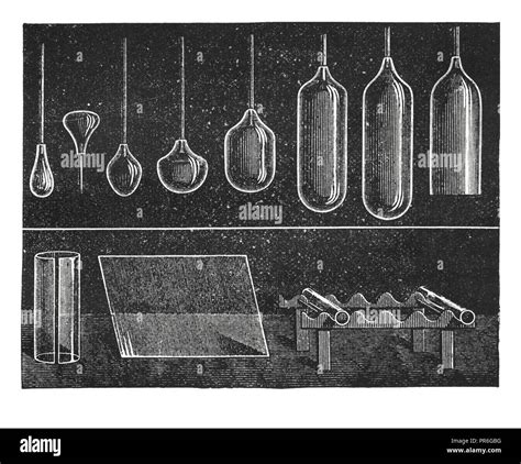 19-th century illustration of development stages of glass pane production. Published in Novoveki ...