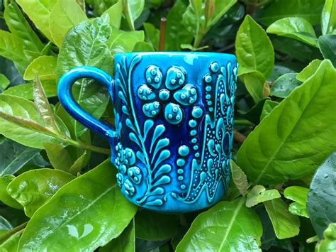 Handmade Ceramic Mugs Blue Mugs Embossed Mugs Ceramic | Etsy