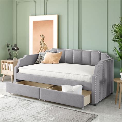 Lifeand Large Storage Twin Size Upholstered Daybed, Wood Velvet Sofa Bed with 2 Drawers ...