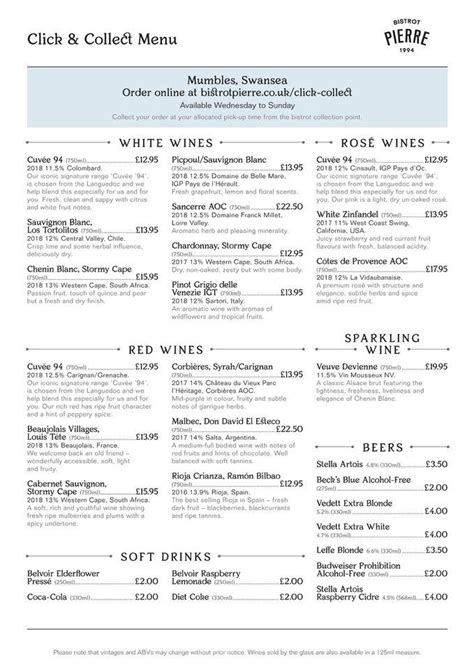 Menu at Bistrot Pierre - Mumbles Swansea restaurant, The Mumbles, Oyster Wharf