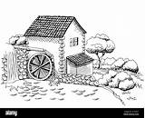 Water Mill Graphic Art Black White Landscape Illustration Vector Stock  sketch template