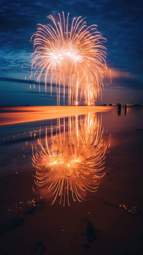 A beach during a firework display, long exposure photography, fireworks ...