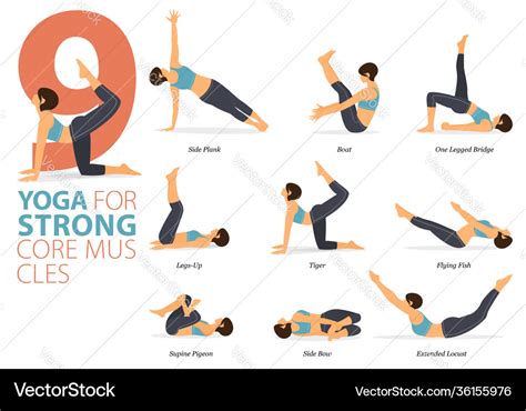 9 yoga poses for strong core muscles concept Vector Image