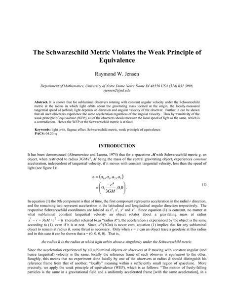 (PDF) The Schwarzschild Metric Violates the Weak Principle of Equivalence