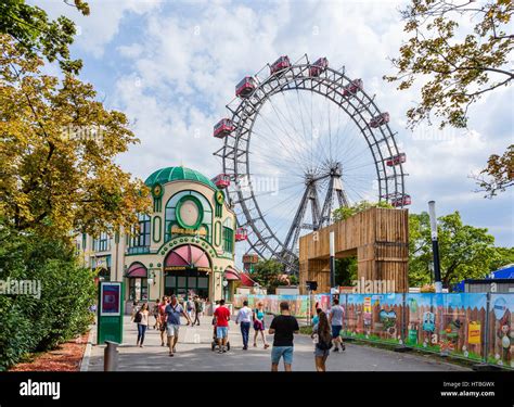 Vienna, Prater. Entrance to the Prater amusement park looking towards the Wiener Riesenrad ...