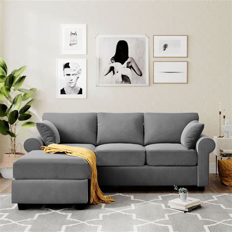 Modern L-Shaped Sectional Sofa, Gray Mid Century Couches and Sofas with 2 Pillows, Soft ...