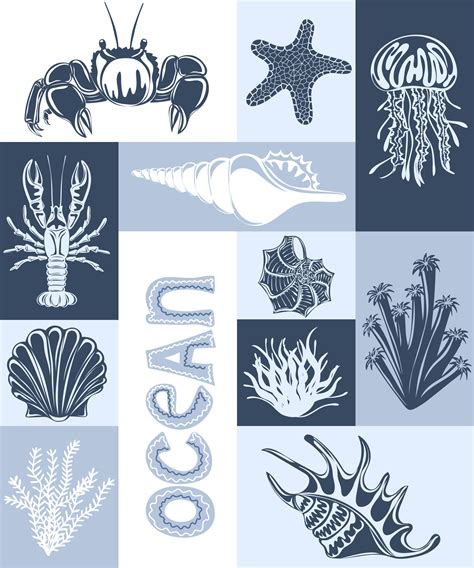 Ocean life. Creative aesthetic graphic poster. Underwater animals ...