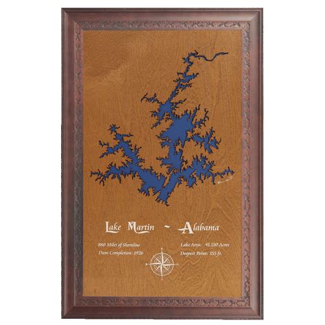 Lake Martin, Alabama Stained Wood and Dark Walnut Frame Lake Map Silho ...