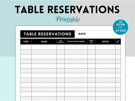 Printable Table Reservation List, Restaurant Table Reservation Form, Restaurant Reservation ...