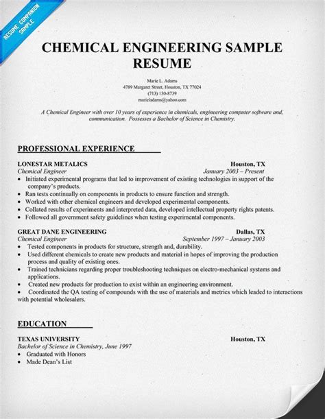 Chemical Engineer Resume #sampleresumetemplates | Engineering resume ...