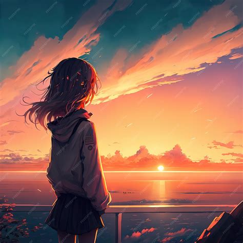 Chica anime viendo la puesta de sol ilustración 3d | Foto Premium